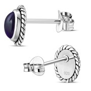 Medium Oval Amethyst Stone Stud Silver Earrings, e335